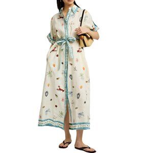 Alemais Sandy Embroidered Linen Maxi Shirt Dress